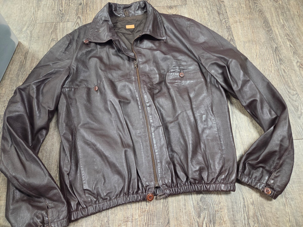 Vintage 100% Genuine Italian Italy Leather Brown Bomber Jacket Coat L/XL Men's